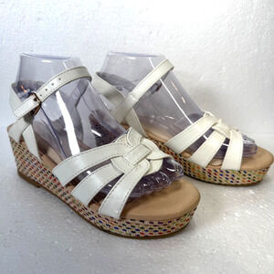 True Craft Rainbow Espadrille Wedge Sandals Women's 5M White 2.25" Heels